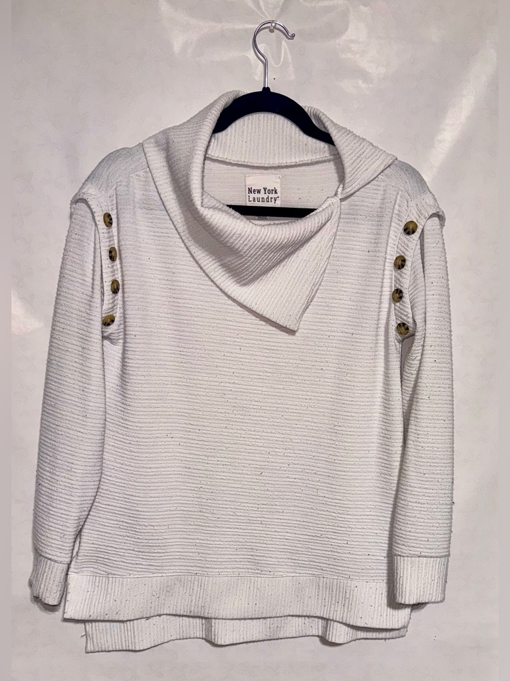 New York Laundry White Cowl Neck Sweater with Shoulder Buttons